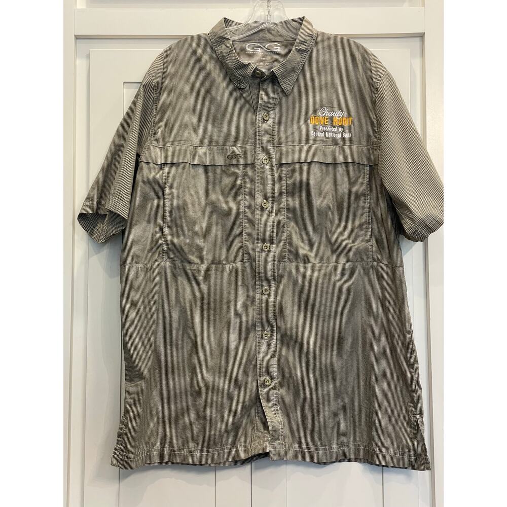 Game Guard Outdoors green gray check branded short sleeve button up L